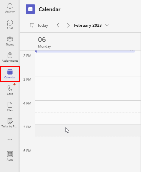 Screenshot showing the location of the Calendar item in Teams