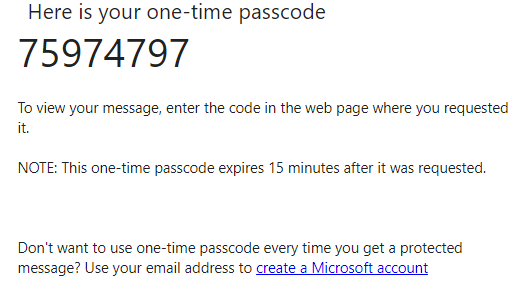 Screenshot of Microsoft page showing an example one-time password to be used to decrypt a message