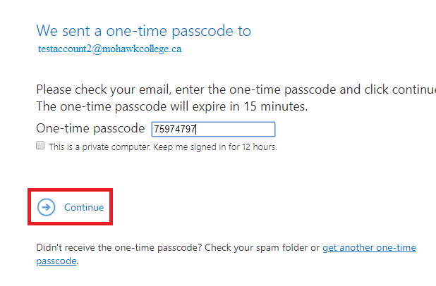 Screenshot of Microsoft page showing where to enter the one-time password with the Continue button highlighted