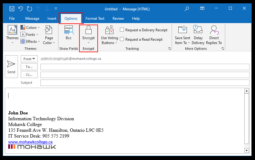 Screenshot of Outlook with Options and Encryption menu highlighted