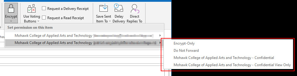 Screenshot of Outlook with Encrypt menu options named Encrypt-Only, Do Not Forward, Confidential, Confidential View Only
