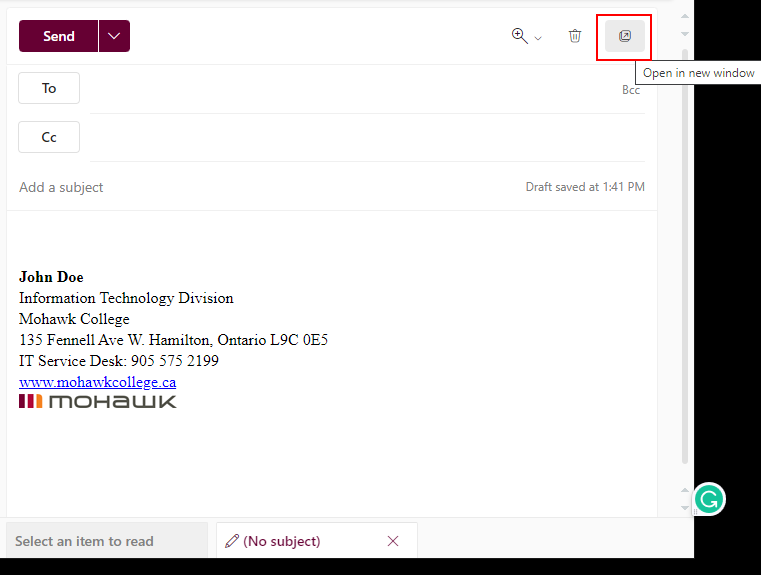 Screenshot of Outlook Web with the Open New Window icon highlighted