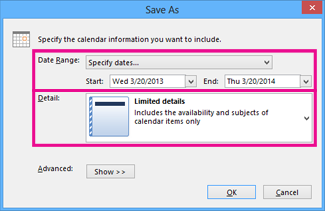 Screenshot showing the date range and details of what will be saved in the calendar