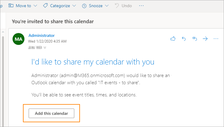 Screenshot of message in personal email with Add this calendar button