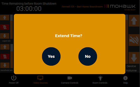 Screenshot of the control panel showing a warning message to extend the time you are using the room.