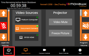Screenshot of the control panel with the Power Off button highlighted in the lower left corner