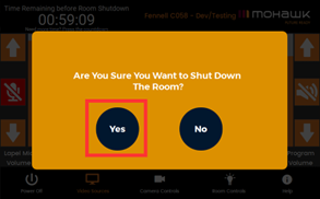 Screenshot of a confirmation message to shut down the room with the Yes option highlighted.