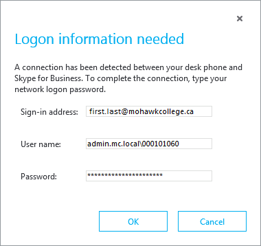 Skype for Business Login Window