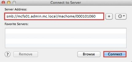 Screenshot of Connect to Server prompt in Mac OS showing server address