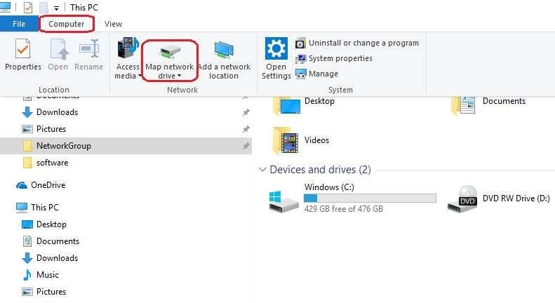 Screenshot showing location of Map Network Drive option in windows explorer