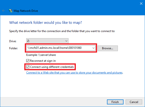screenshot showing drive letter, folder path, and connection options