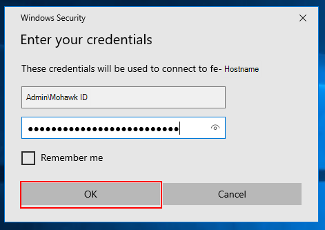Screenshot of remote desktop window asking for mohawkID and password