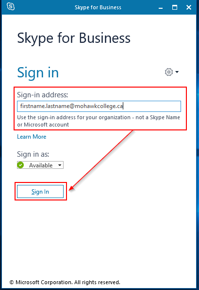 Screenshot of Skype for Business Sign In Screen in Windows
