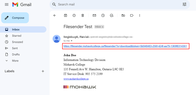 Screenshot showing an email with a FileSender download link