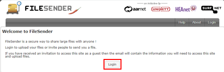 Screenshot of FileSender homepage with the Login button highlighted