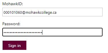 Screenshot of Mohawk's login page showing the format for entering your employeeID at Mohawkcollege.ca