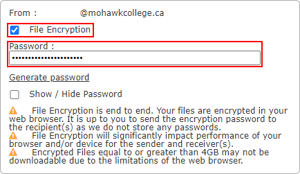 Screenshot showing the Encryption box checked and a password entered in the Password box