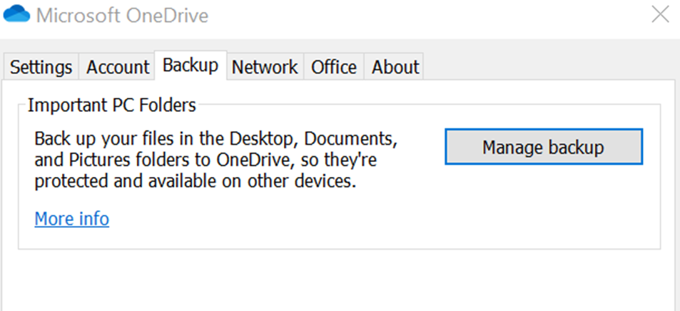 Screenshot showing the Backup tab of the OneDrive app