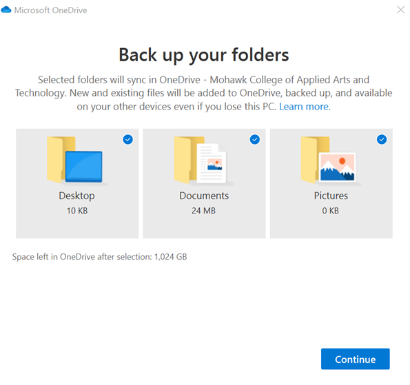 Screenshot showing the three folders selected for backup
