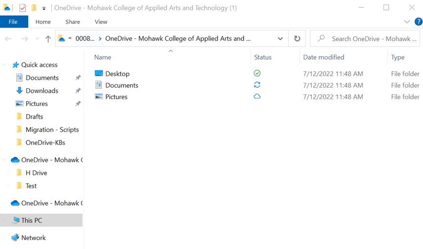 Screenshot of the file explorer showing icons indicating files are synced with OneDrive