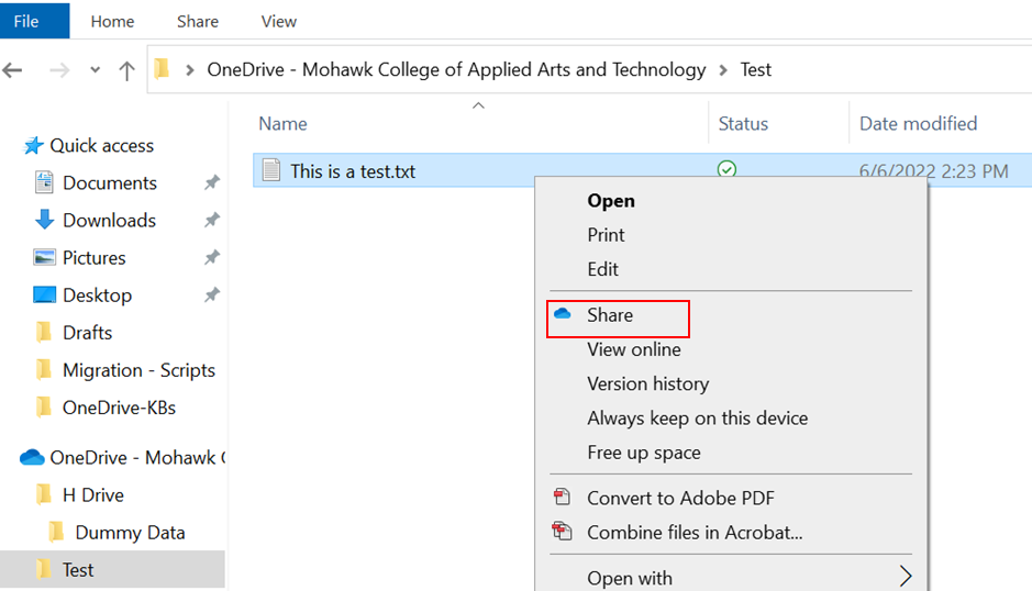 Screenshot of windows file explorer showing the OneDrive Share icon in the right-click menu