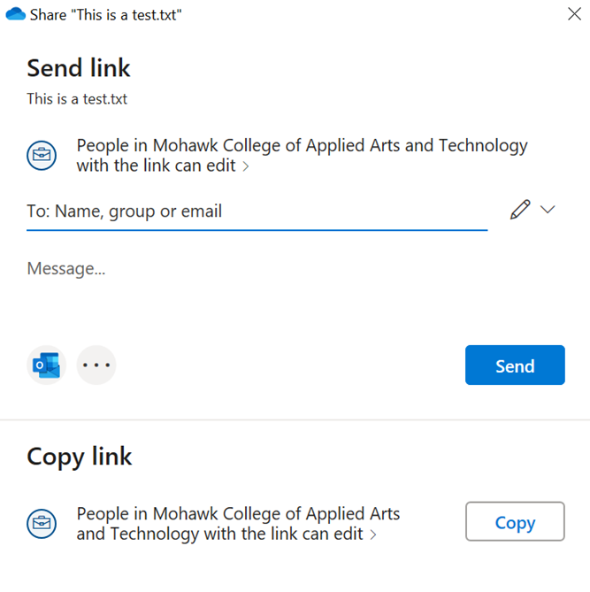 Screenshot of OneDrive file sharing window