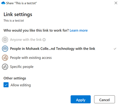 Screenshot of OneDrive link sharing options