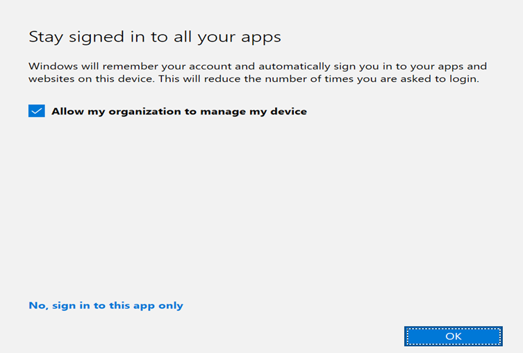 Screenshot of OneDrive app screen with Allow my organization to manage my device check box