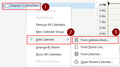 Screenshot of the Shared Calendars menu leading to add a calendar from the address book
