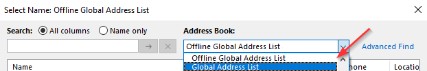 Screenshot of the dropdown where Global Address List is located