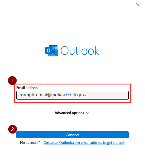 Screenshot of the Add Account window with the Email Address box and Connect button highlighted