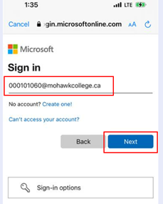 Microsoft sign in screen with the user's 9-digit at mohawkcollege.ca username entered and the Next button highlighted