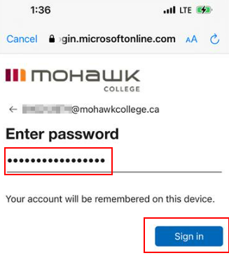Mohawk sign in screen with the user's Mohawk password entered and the Sign In button highlighted