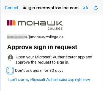 Screen from the Microsoft Authenticator app asking you to approve the sign in request. The checkbox for Don't ask again for 30 days is highlighted.