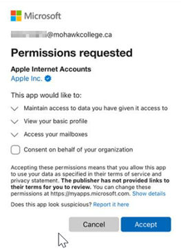 Promp listing the permissions required to sign into your account in iOS with the Accept button highlighted