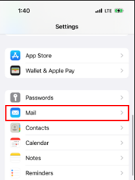 Location of the Mail setting in iOS
