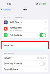 Location of the Accounts menu in iOS