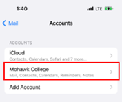 An account named Mohawk College highlighted in the iOS account list