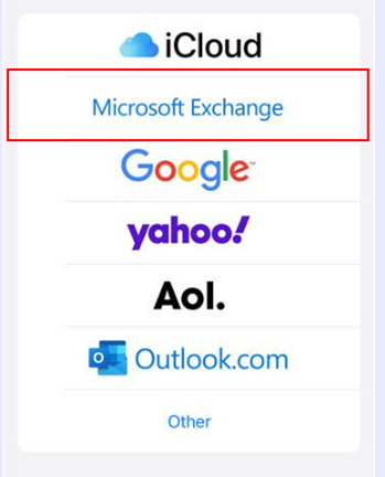 Mail app list showing different email services with Microsoft Exchange highlighted