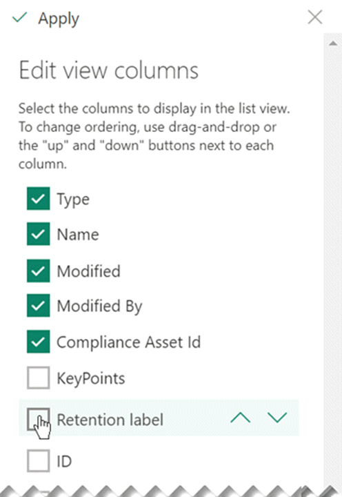 Screenshot of the Edit view columns menu with Retention Label highlighted