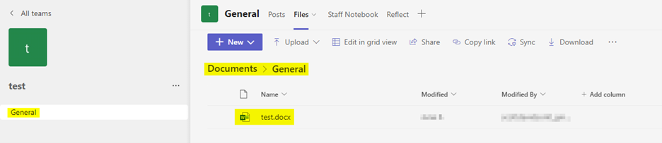 Screenshot of files area in Teams