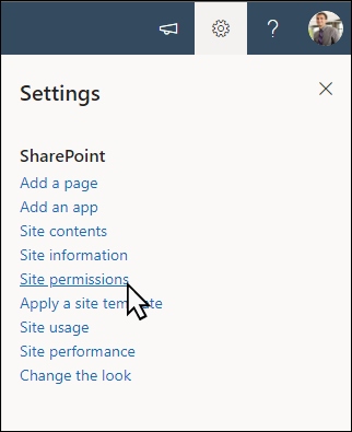 Screenshot of the Sharepoint site settings menu