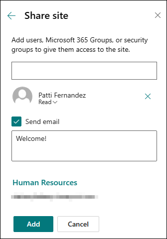 Screenshot of the confirmation message when you have been added people to your Sharepoint site