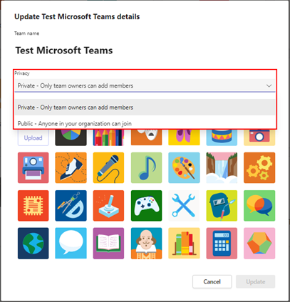 Screenshot of the teams detail window with the Privacy dropdown menu highlighted