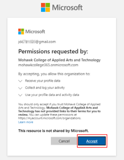 Screenshot of the permissions required by Mohawk to be a Teams guest with the Accept button highlighted