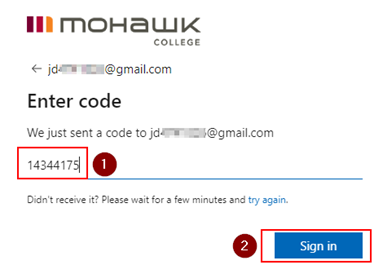 Screenshot of the Mohawk identify verification page with the code entered and the Sign In button highlighted
