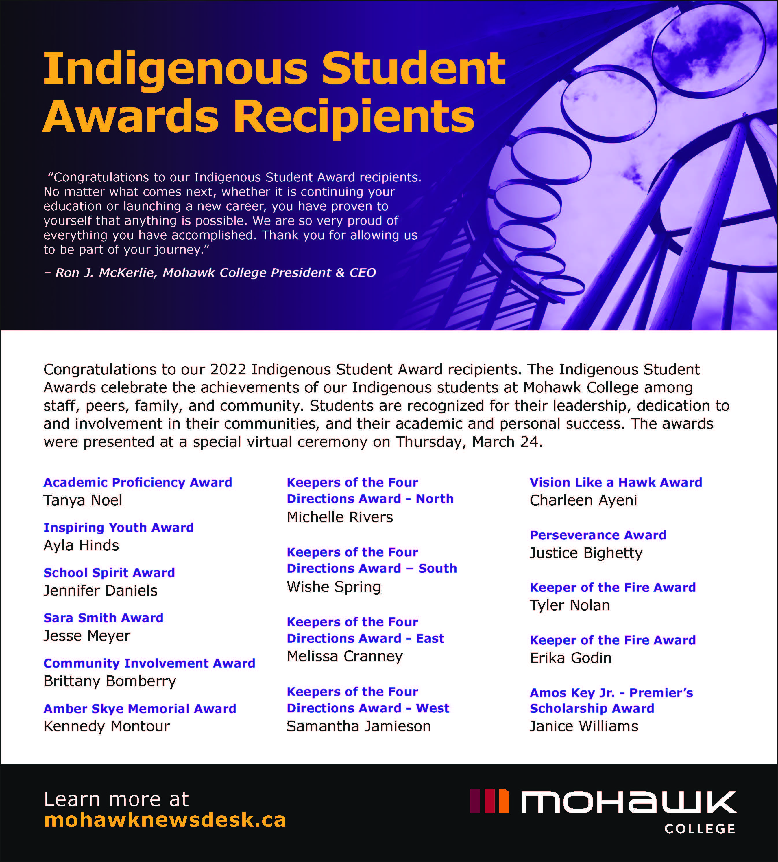 Indigenous Student Awards Recipients Spectator Ad 2022