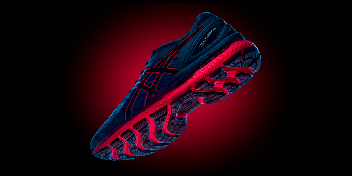 A blue and red angled sneaker