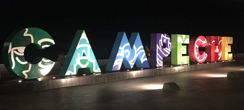 Lit up letters of sign saying Campeche Mexico