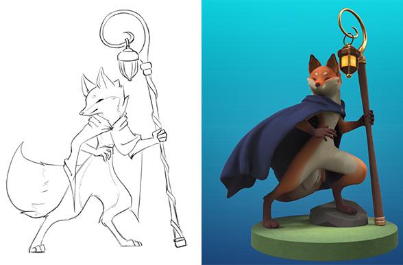 3D sculpt of a fox character by Justine
